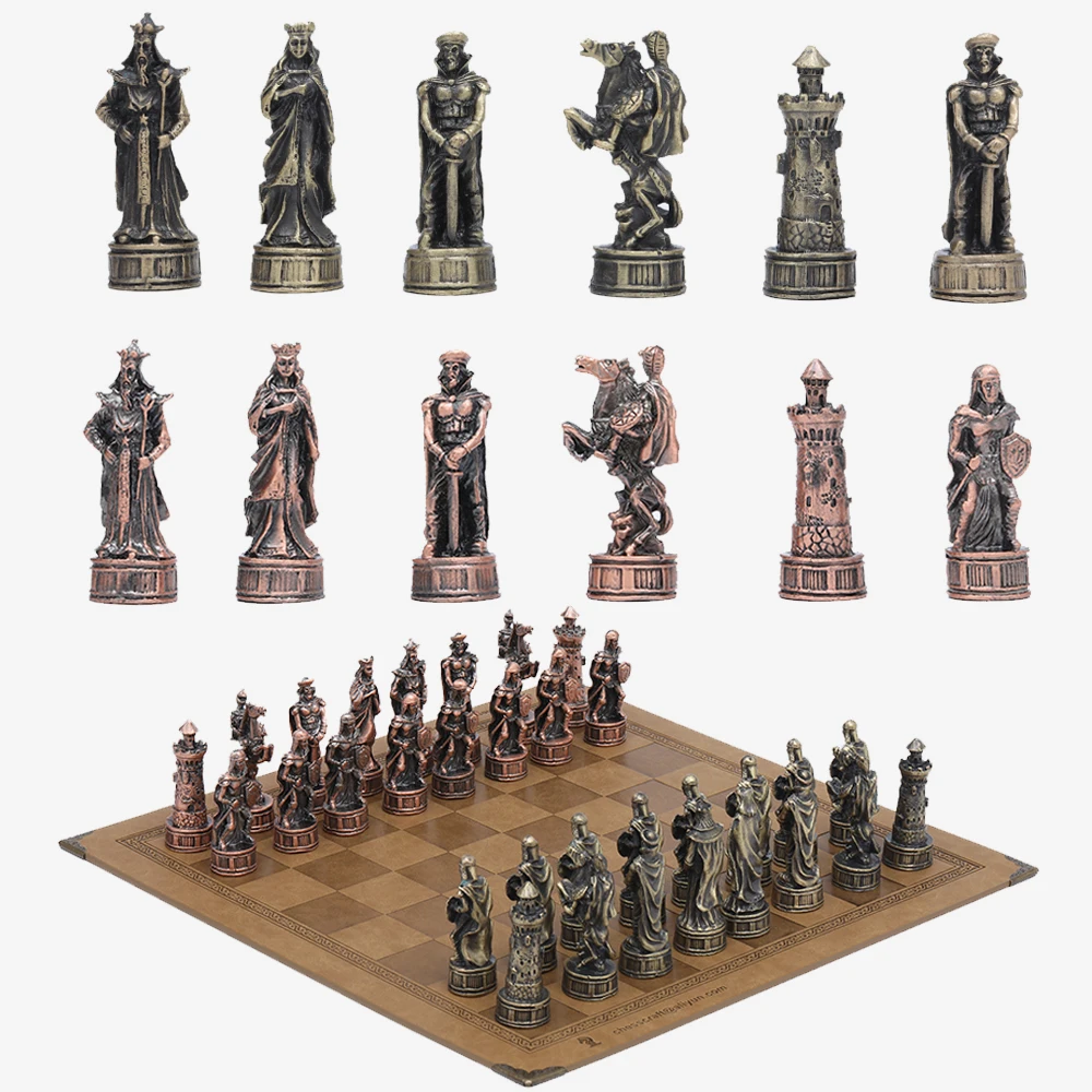 Metal Theme Chess 32pcs IntelligencLuxury Knight Table Game Entertainment Toy Leather Board set Gift Dragon Soldier Theme Sports