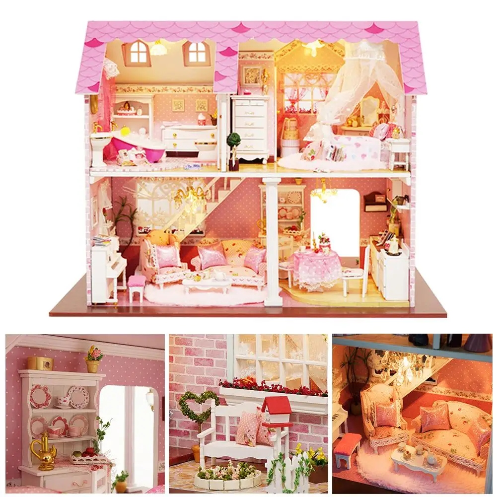 New DIY Doll House 3D Wooden Doll Houses Miniature Dollhouse Furniture Kit Casa with LED Toys 2
