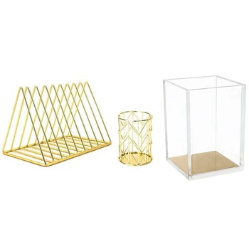

2x Acrylic Pencil and Pen Holder Gold Desktop Stationery Organizer & 2 Piece azine File Rack Pencil Cup Pencil Holder