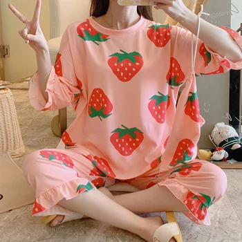 

New Half Sleeve Pajamas Polyester Set Leisure Women Sleepwear 3Pcs Nightwear for Women Sleepwear Calf- Length Pant Cloth Bag