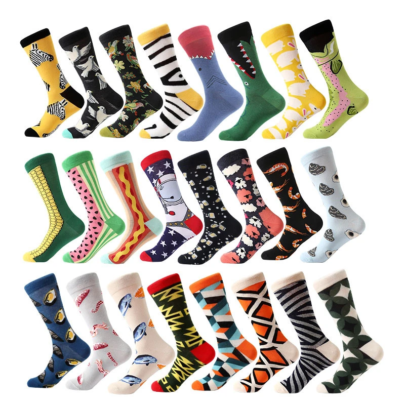 

pair men socks combed cotton cartoon animal bird shark zebra corn watermelon sea food geometric novelty funny socks dress socks