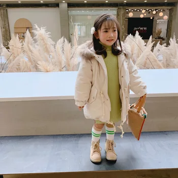 

Winter New Arrival korean style cotton thickened and warm fashion down long coat with fur hooded collar for cute girls and boys