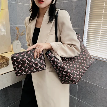 

2020 Retro Horse Pattern Handbag Women PU Leather Large Capacity Shoulder Bags Ladies Office Big Work Tote Bags Composite Set