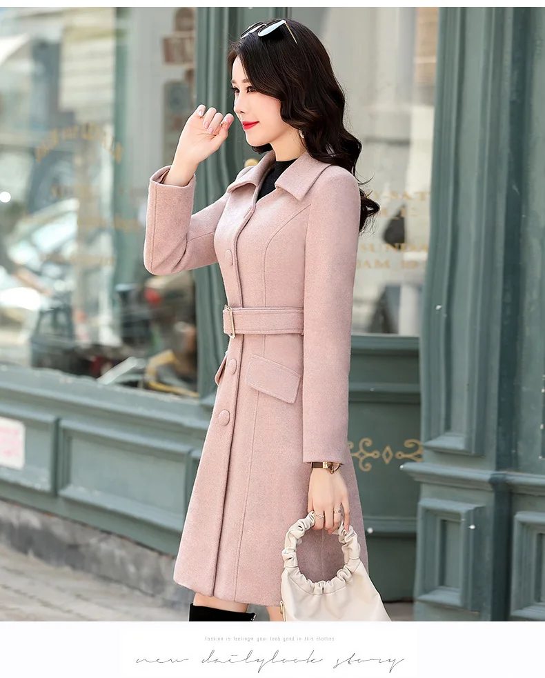 Зимняя одежда, шерстяное пальто с поясом, тонкое женское пальто, корейское осеннее женское шерстяные пальто, модное двубортное элегантное пальто