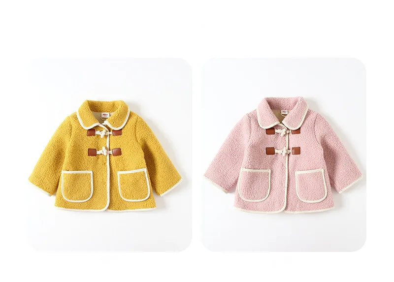 Fashion Toddler Lamb Cashmere Coat Winter Korean Kids Soild Horn Buckle Thicken Outwear New Baby Warm Jacket Little Girl Clothes