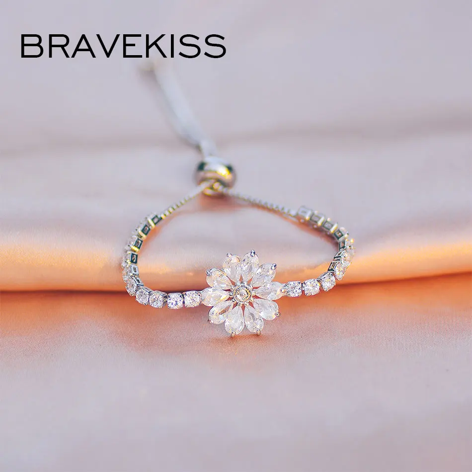 Bravekiss, регулируемые теннисные браслеты с цветами для женщин, CZ прозрачный браслет, модные ювелирные изделия, роскошные свадебные браслеты, ручная цепочка UB0230