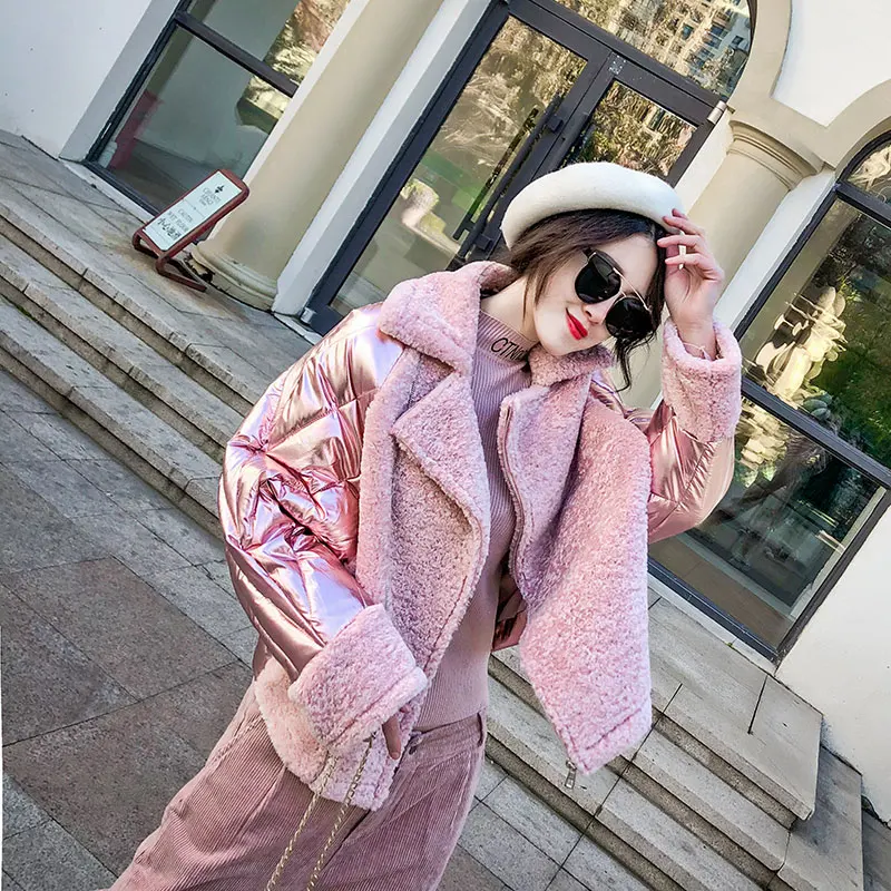 

Winter Women's Glossy Down Cotton Padded Jacket Plus size Patchwork Suede Warm coat Jaqueta feminina Short Loose Female jacket