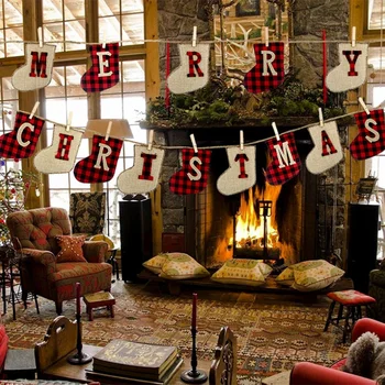

Merry Christmas Banner - Burlap Sock Shaped Christmas Decoration, Christmas Decor, Firepalce Decoration for Christmas