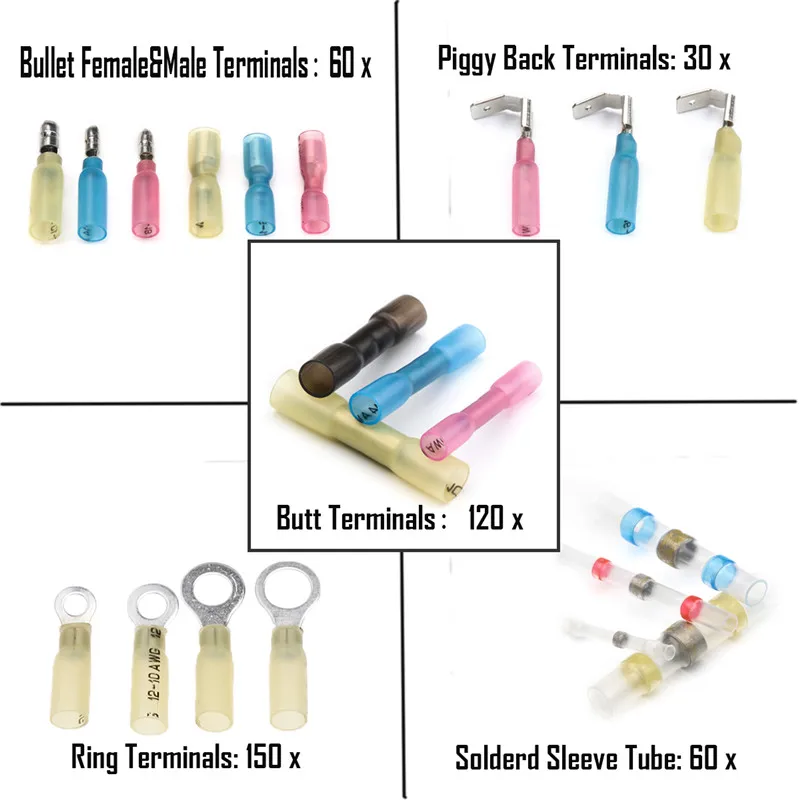 

420Pcs Fully Insulated Heat Shrink Butt Connector Waterproof Splice Soldering Electrical Wire Cable Crimp Terminal Connector