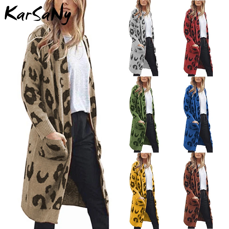 

KarSaNy Knitted Leopard Print Cardigan Women Long Sleeve Oversize Winter Casual Oversized Long Cardigan Plus Size Women Autumn