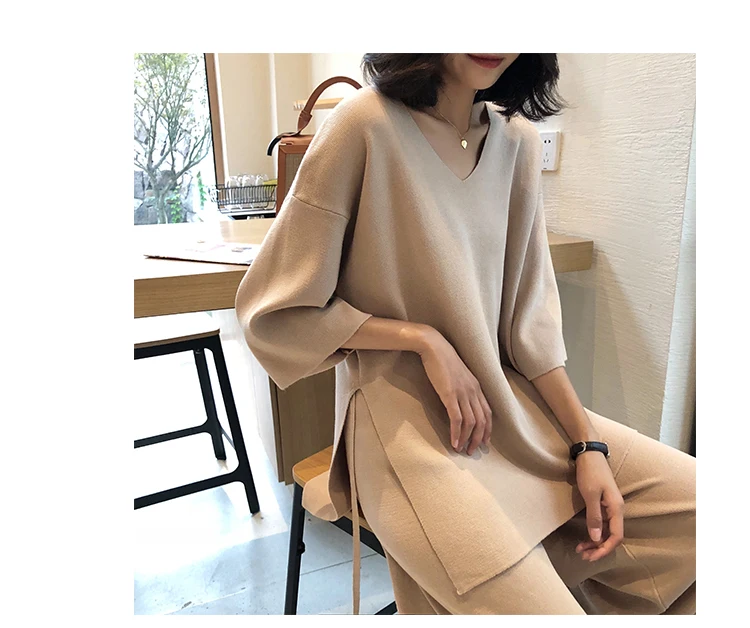 Knitting Female Sweater Pantsuit For Women Two Piece Set Knitted Pullover V-neck Long Sleeve Bandage Top Wide Leg Pants  Suit