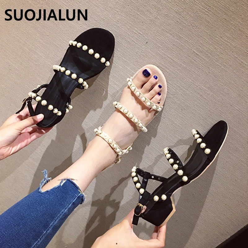 

2019 Brand Women Sandal Gladiator Bohemian Summer Outdoor Low Heel Sandals Pearl Thin Strip Women Shoes Flip Flops sandalias