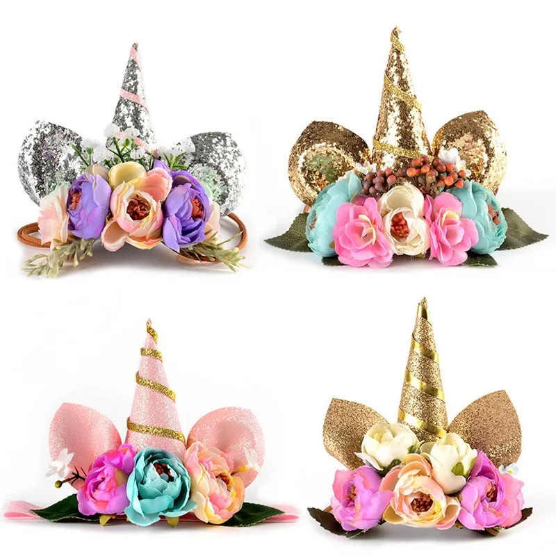 

1 Piece Cute Design Elastic Band Ribbon Flower With Unicorn Horn Hair Accessories Rope Baby Hair Accessories