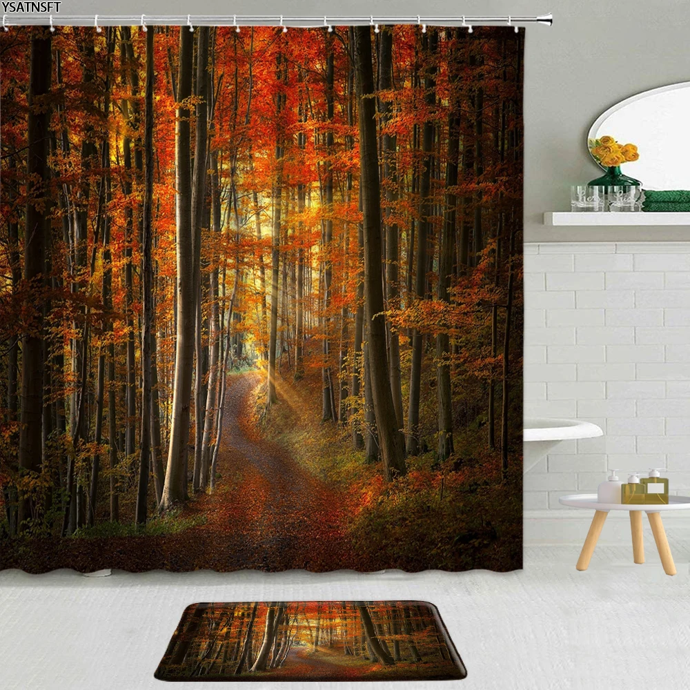 

2Pcs Psychedelic Autumn Forest Shower Curtain Trees Green Plants Flowers Bathroom Non-Slip Bath Mat Cloth Curtains Set Washable