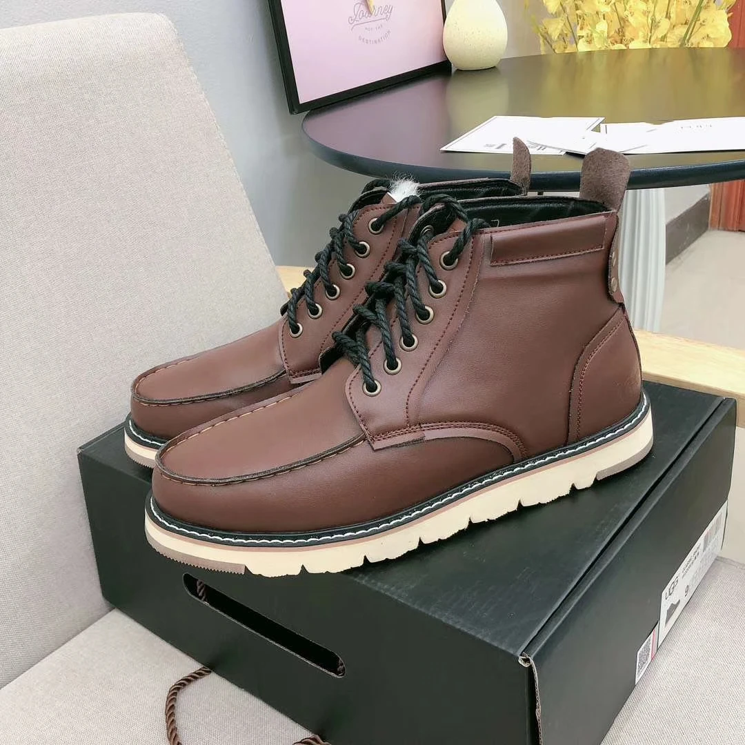 Australian Brand Sheepskin Leather Wool Fur Lined Men Lace-Up Short Ankle Winter Snow Boots For Man Casual Shoes Waterproof