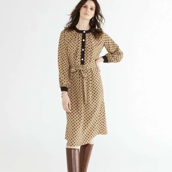 

Fall 2020 New Ethnic Style Print Long-Sleeved Single-Breasted Belt Slim Temperament Elegant Women'S Dress High-Quality Fashion