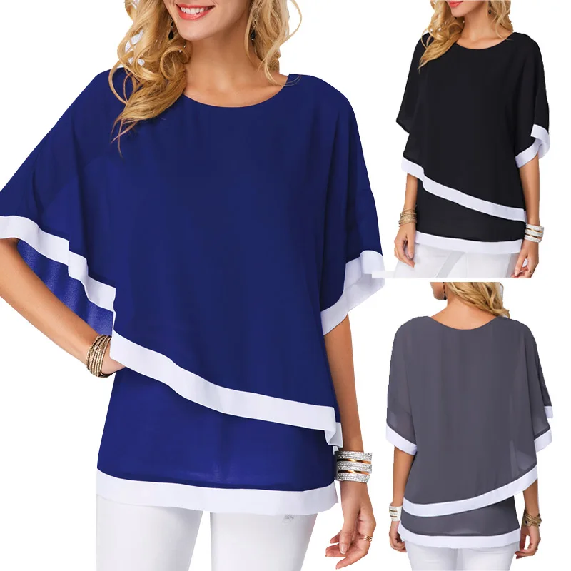 

2019 Summer Women Chiffon Shirt Plus Size Bat Sleeve Stitching Irregular Shirts Loose Casual Personality 5XL Tops Blouse Female