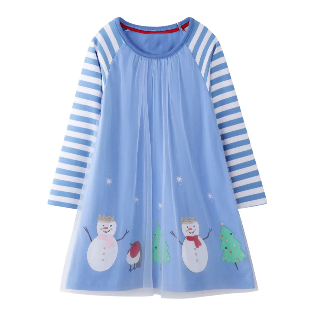 Платье для маленьких девочек детское платье принцессы в полоску с длинными рукавами и принтом снеговика на Рождество vestido bebe Z4