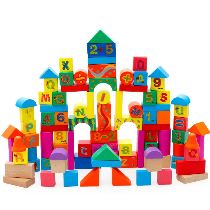 

100 Tablets Barrel Children Understanding with Numbers Lettered Fruit Animal Stereo Castle Wooden Building Blocks Educational To