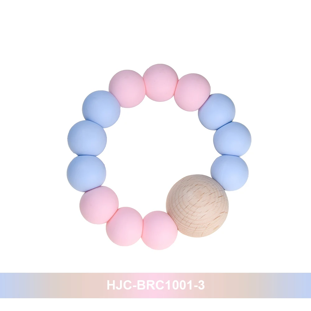 Mabochewing 1pcs Baby Teething Silicone Beech Wooden Round Beaded Bracelet Chewing Rattle Toys BPA FREE Teethers