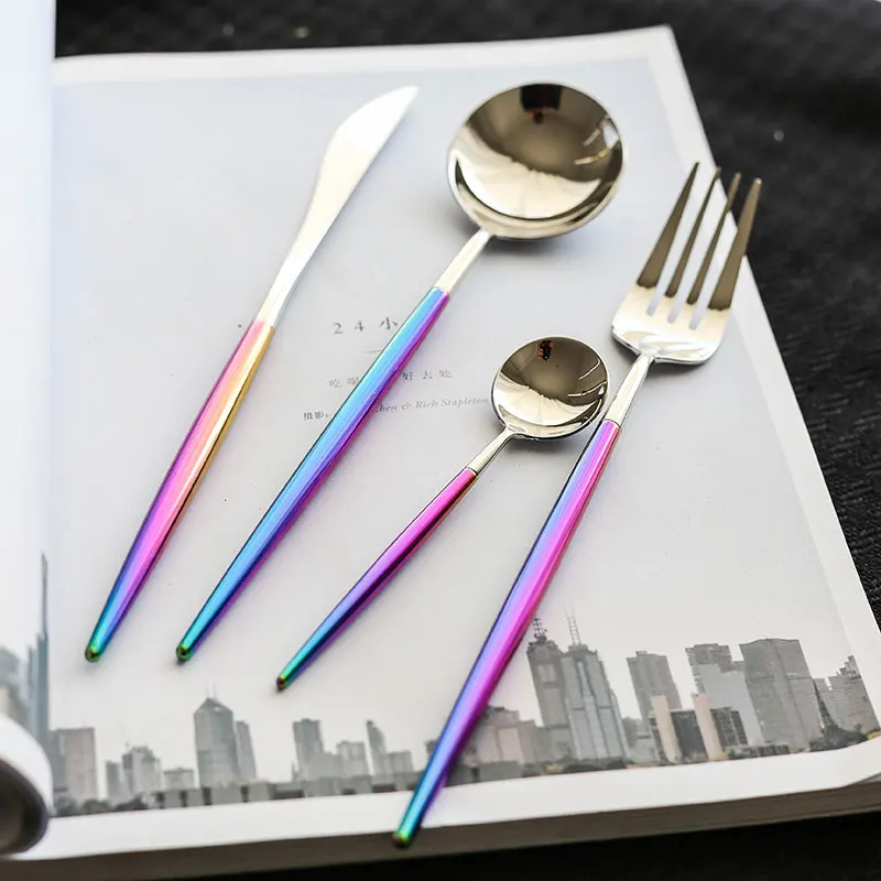 

24pcs Korean Royal Rainbow Golden Tableware Cutlery Set Dinner Knife Spoon Fork Sets Stainless Steel Western Silver Dinnerware