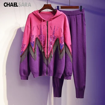 

Women's Beading Tassel Tracksuit Hoodies 2 Piece Set Sweatshirt + Pants Women Sport Suit Spring Autumn Sportswear
