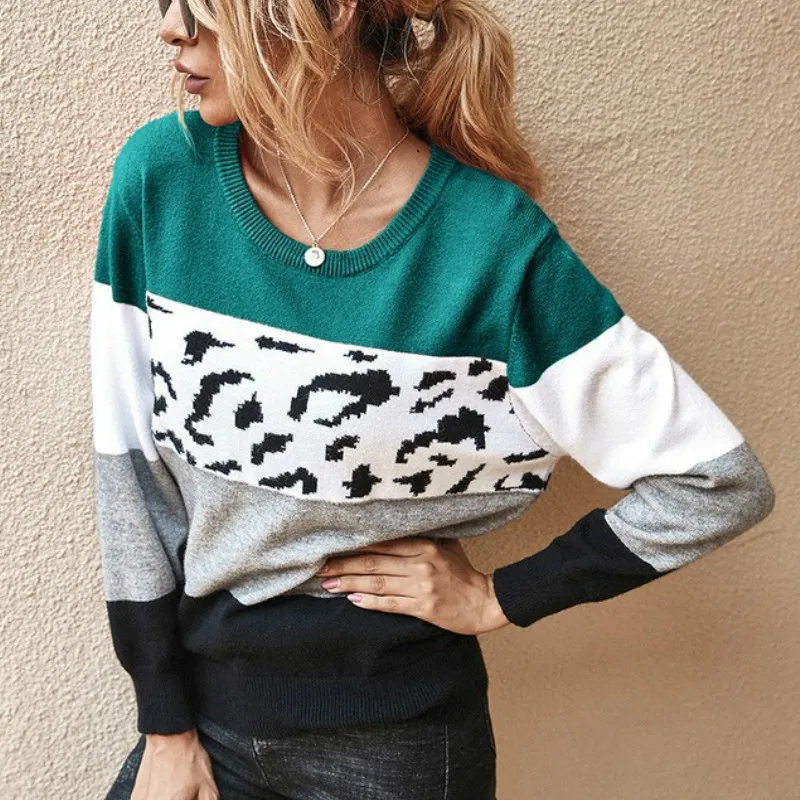 Large Size Women's Leopard Sweater 2022 Autumn Winter New Color Block Pullovers Ladies Bottoming Shirt Casual Knitwear Blusa | Женская