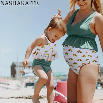 

NASHAKAITE Mommy and me swimsuit Conservative Rainbow pregnant Women Maternal Swimwear Summer Mother Daughter Matching Swimsuit