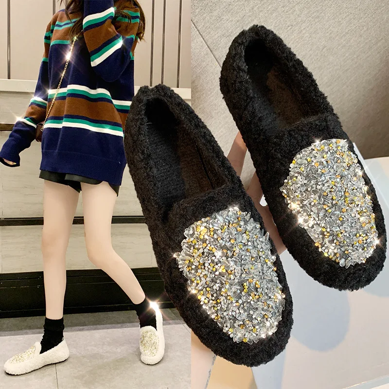 

Fluffy Shoes Women's 2019 Autumn & Winter New Style Versatile Sequin plus Velvet Side Scoop Bootie Lazy Slip-on Online Celebrity
