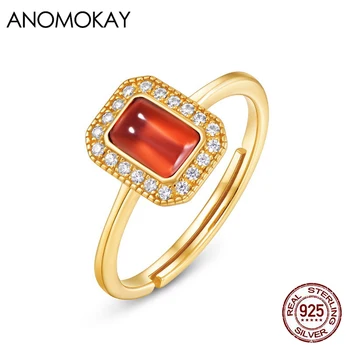 

Anomokay Classic Rectangle Red Garnet Resizable Gold Color Ring Full of White Zircon 925 Silver Rings for Women Luxury Gift
