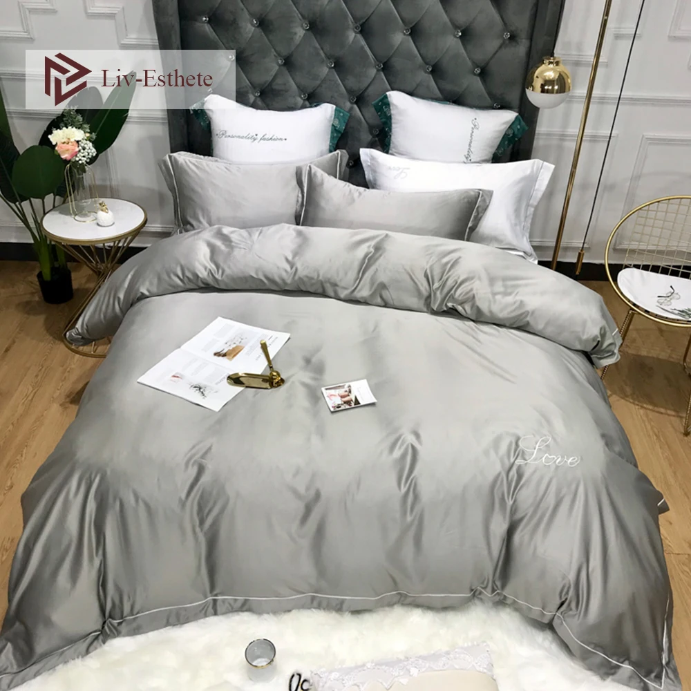 

Liv-Esthete Luxury 100% Silk Love Gray Bedding Set Duvet Cover Pink Double Queen King Bed Set Flat Sheet Pillowcase Bed Linen