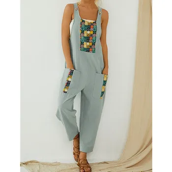 

Sexy Ethnic Floral Print Pockets Detail Bodycon Jumpsuit Women Overalls 2020 Sleeveless Skinny Rompers Female Streetwear