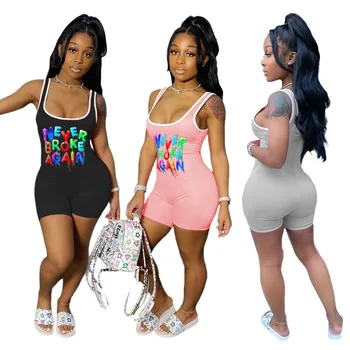 

2020 Summer Women's Jumpsuit European and American Simple Style Model Letter Never Broke Again Print Casual Fashion