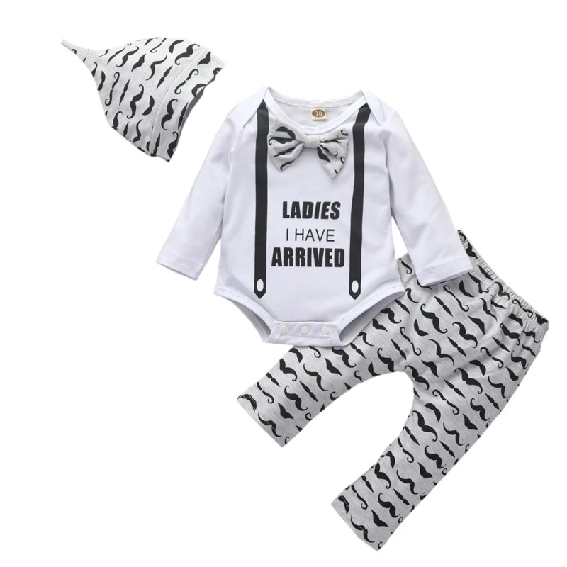 

Casual 3Pcs Newborn Baby Boy Clothes Set Infant Cotton Outfits Clothes Set Tops Romper Pants Hat Outfit