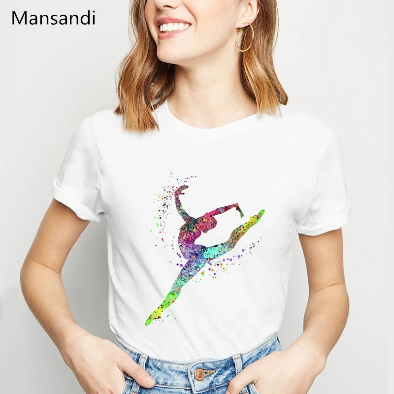 Rainbow watercolor gymnastics print t-shirt women Elegant Ballet Dance posture design tshirt femme harajuku ulzzang shirt