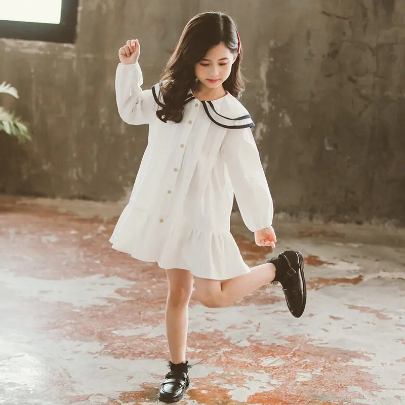 Платье для девочек от 10 до 12 лет, коллекция года, весенне-осенние вечерние платья трапециевидной формы для принцесс Детская рубашка с длинными рукавами и воротником в стиле Питера Пэна, костюм