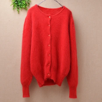 

Christmas gift women red fall winter long sleeves o-neck plush angora rabbit fur mink knitted cashmere sweater coat cardigans