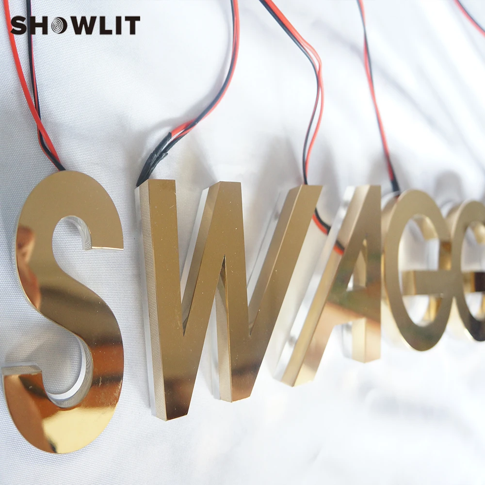 Backlit Mirror Gold Steel Logo Custom Made Polished Gold Logo Signs Golden Steel Door Signs Light Up
