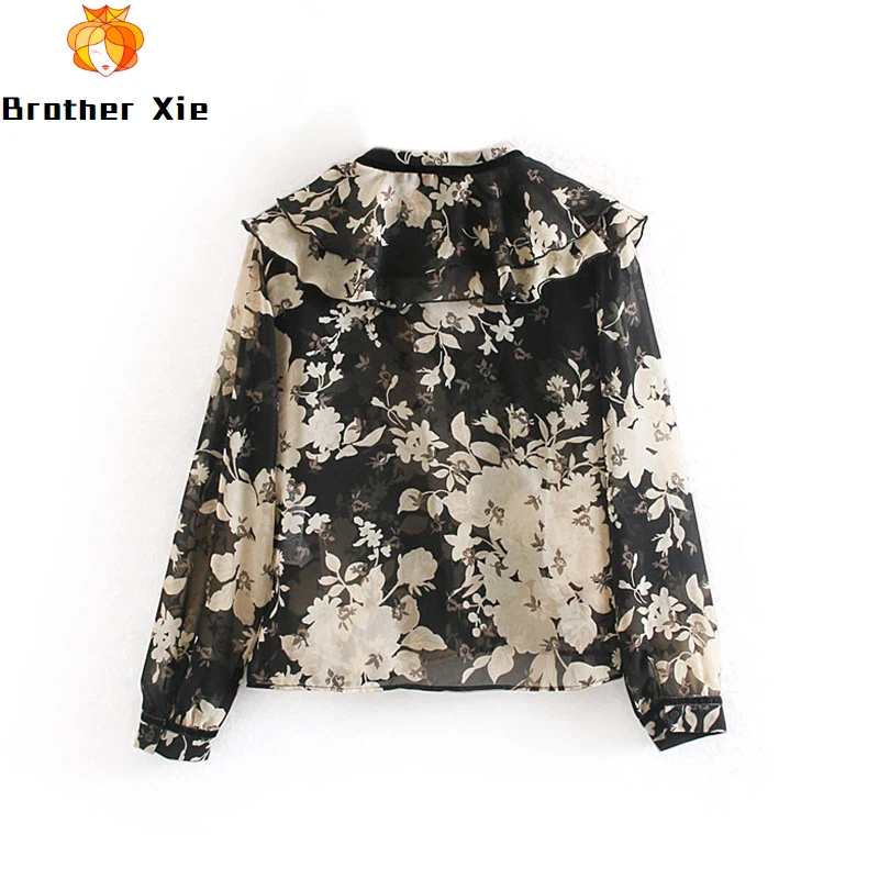 

Fashion V Neck Floral Print Blouse Women Ruffles Decorate Long Sleeve Stylish Shirt Female Plus Size Ladies Tops Bluzki Damskie