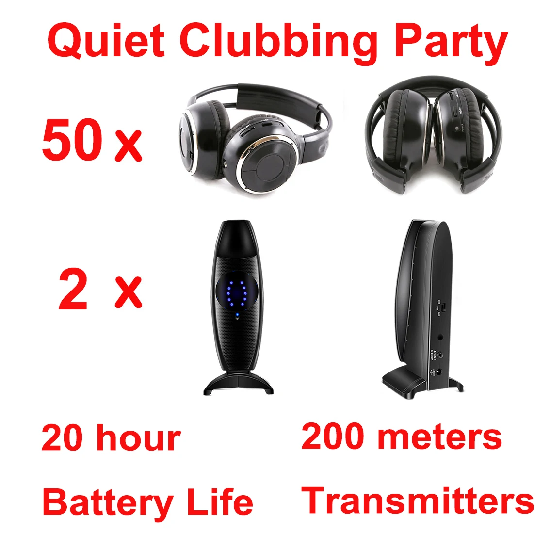 Silent Disco Complete System Black Folding Wireless Headphones - Quiet Clubbing Party Bundle (50 Headphones + 2 Transmitters)