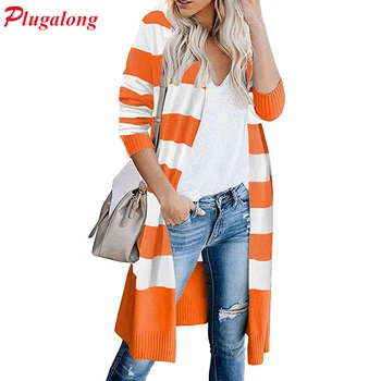 

Plugalong Striped Print Oversize Sweater Woman Y2K Button Open Stitch Cardigan Women Long Harajuku Korean Sweaters Full Sleeve