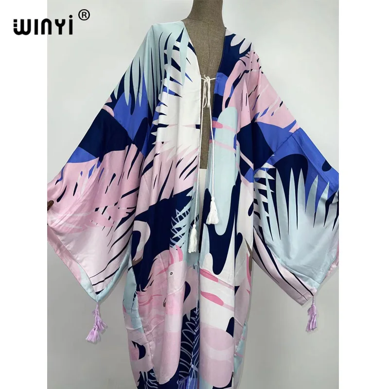 2021 WINYI new Cotton Bikini Sweet Lady Pink Boho Print Self Belted Front Open Long Kimono Dress Beach Tunic Women Wrap Dresses bikini cover up