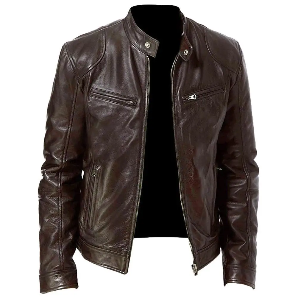 Chaqueta de cuero sintético con cuello levantado para hombre, abrigo delgado para motocicleta, cortavientos, Otoño e Invierno