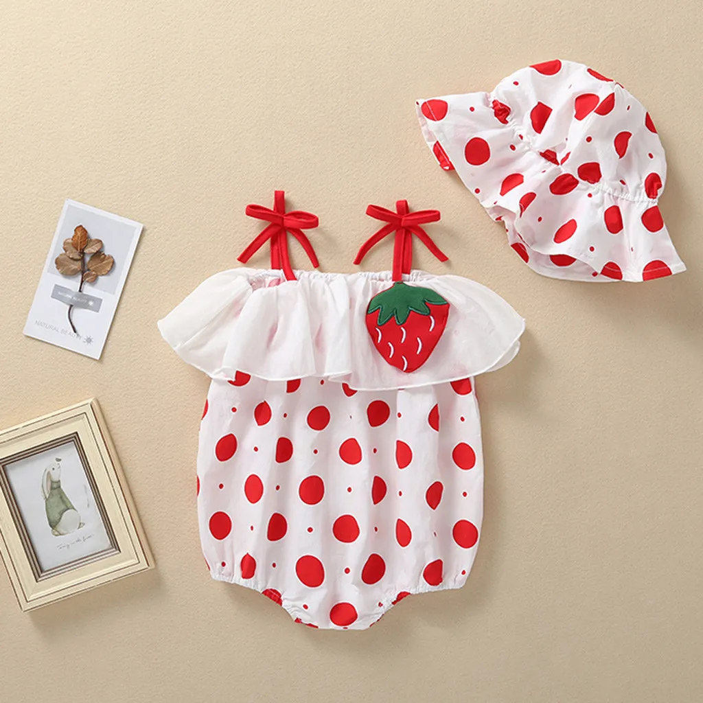 

Summer Baby Boy Girl Rompers Newborn Infant Baby Boys Girls Straps Ruffled Dot Print Romper Sunsuit Hat Bebe Newborn Bodysuit
