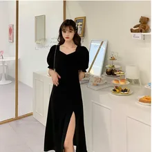 

Design sense temperamen elegant dresst 2021 new spring and autumn Square collarlong sdresschiffon French retro black dress