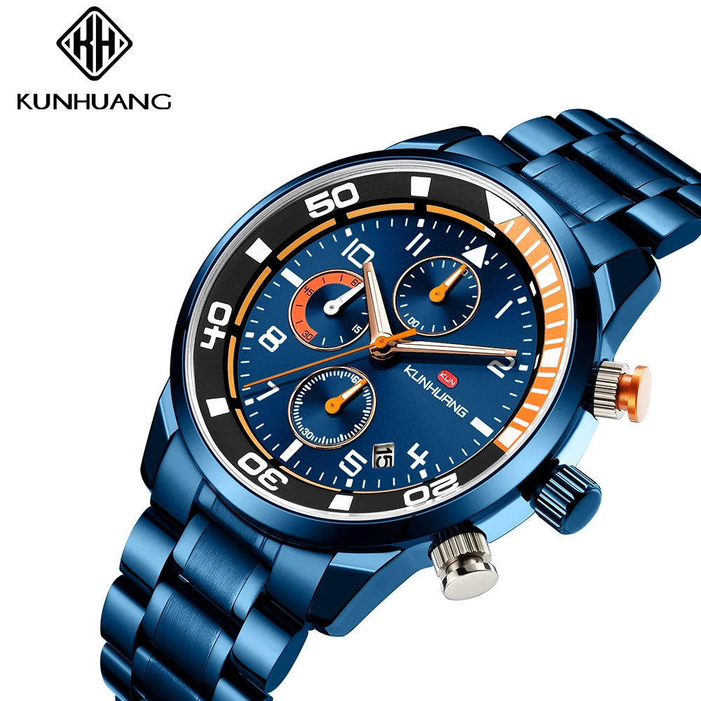 

KUNHURNG New Arrival Mens Watch 2019 Blue Stainless Steel Watches Creative Dial Waterproof Top Brand Luxury Relogio Masculino
