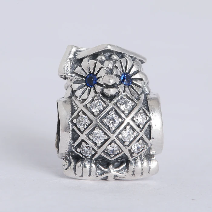 

Swiss Blue Crystal Owl Charm Beads Fits Pandora Bracelets Original 925 Sterling Silver Pave Zircon Animal Owl Bead Diy Jewelry