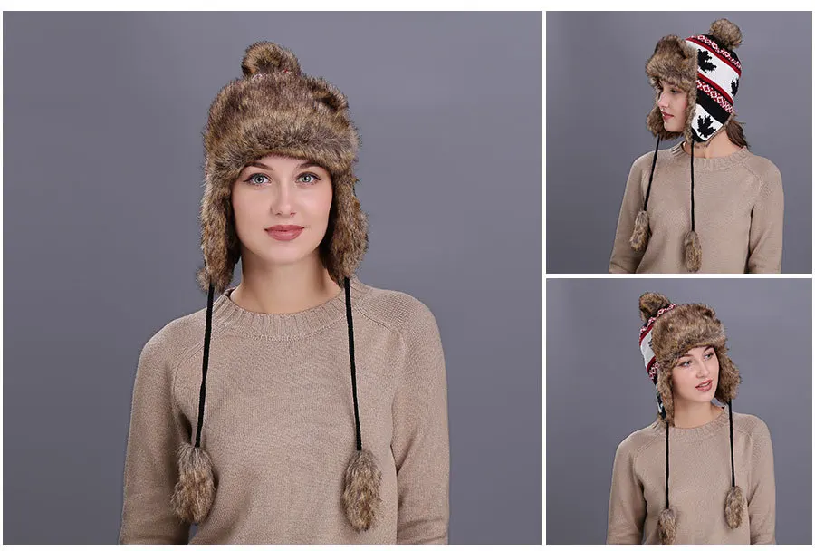 brown leather bomber hat Winter Beanie for Women Maple Leaf  Earmuffs Hat Plush Outdoor Knitted Wool  Bomber Hats Snow Ski Thick Knit Wool Fluffy Hat warmest bomber hat