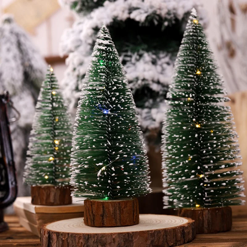 

Lights Small DIY Christmas Tree Fake Pine Tree Mini Sisal Bottle Brush Christmas Tree Santa Snow Christmas Decoration Tree