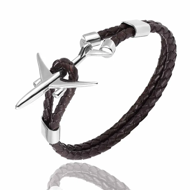 MKENDN Hot Sale Stainless Steel Airplane Anchor Bracelets Men Women Genuine Multilayer Leather Bracelet Freestyle Homme Jewelry